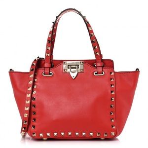 Valentino Vitello Mini Rockstud Tote in Red